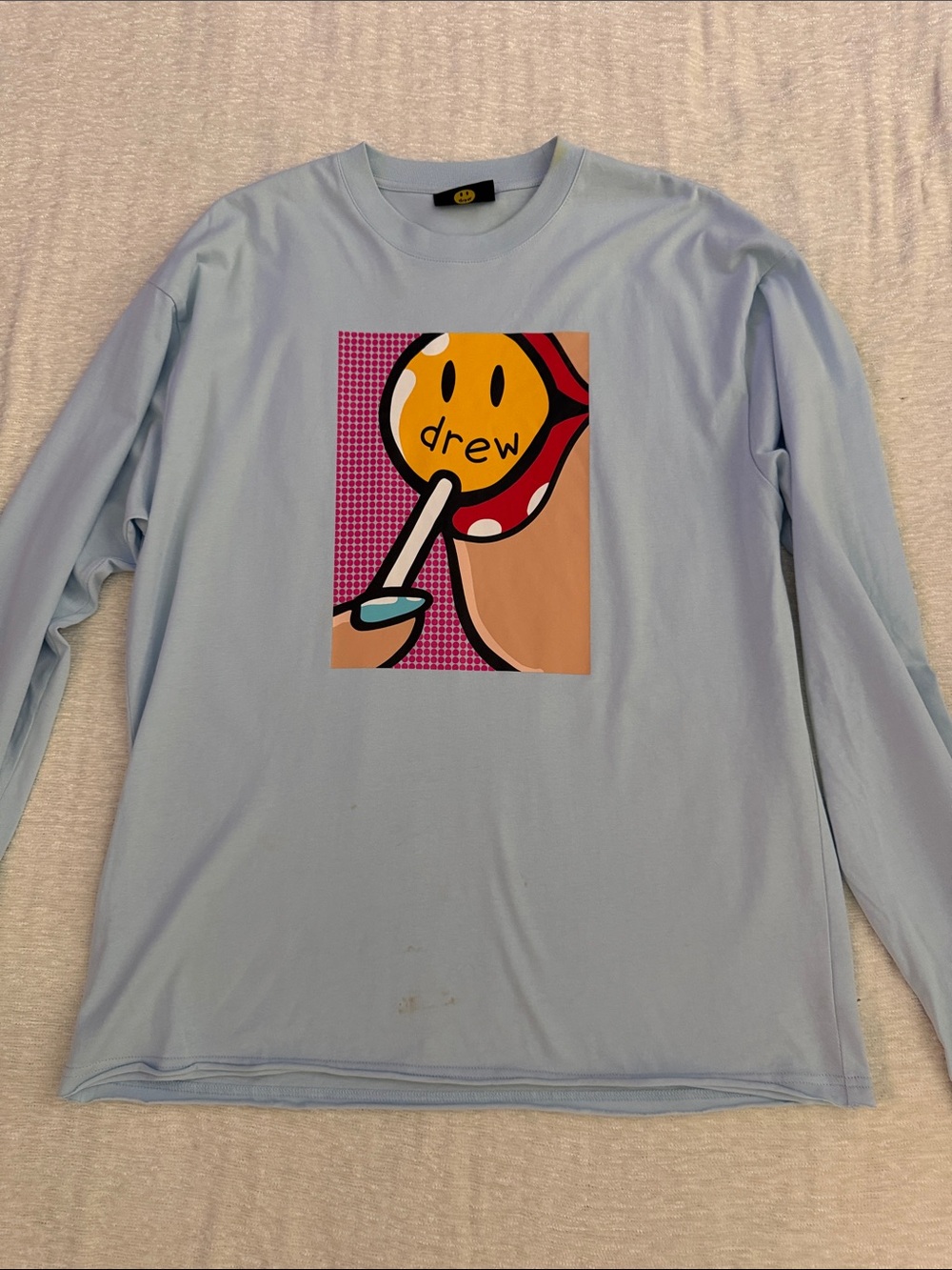 drew house sky blue long sleeve tee with pop-art lollipop graphic